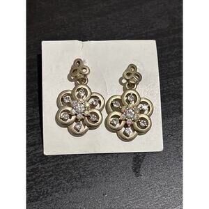 Vintage Signed Monet Gold Tone Flower W/ Multicolor Rhinestones Dangle Earrings